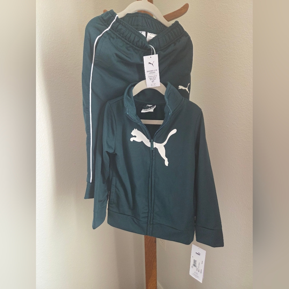 Puma Dark Green Kids' Track Jacket and Pants with White Logo